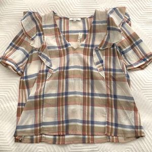 NWT Madewell Plaid Shoulder Ruffle V Neck M
